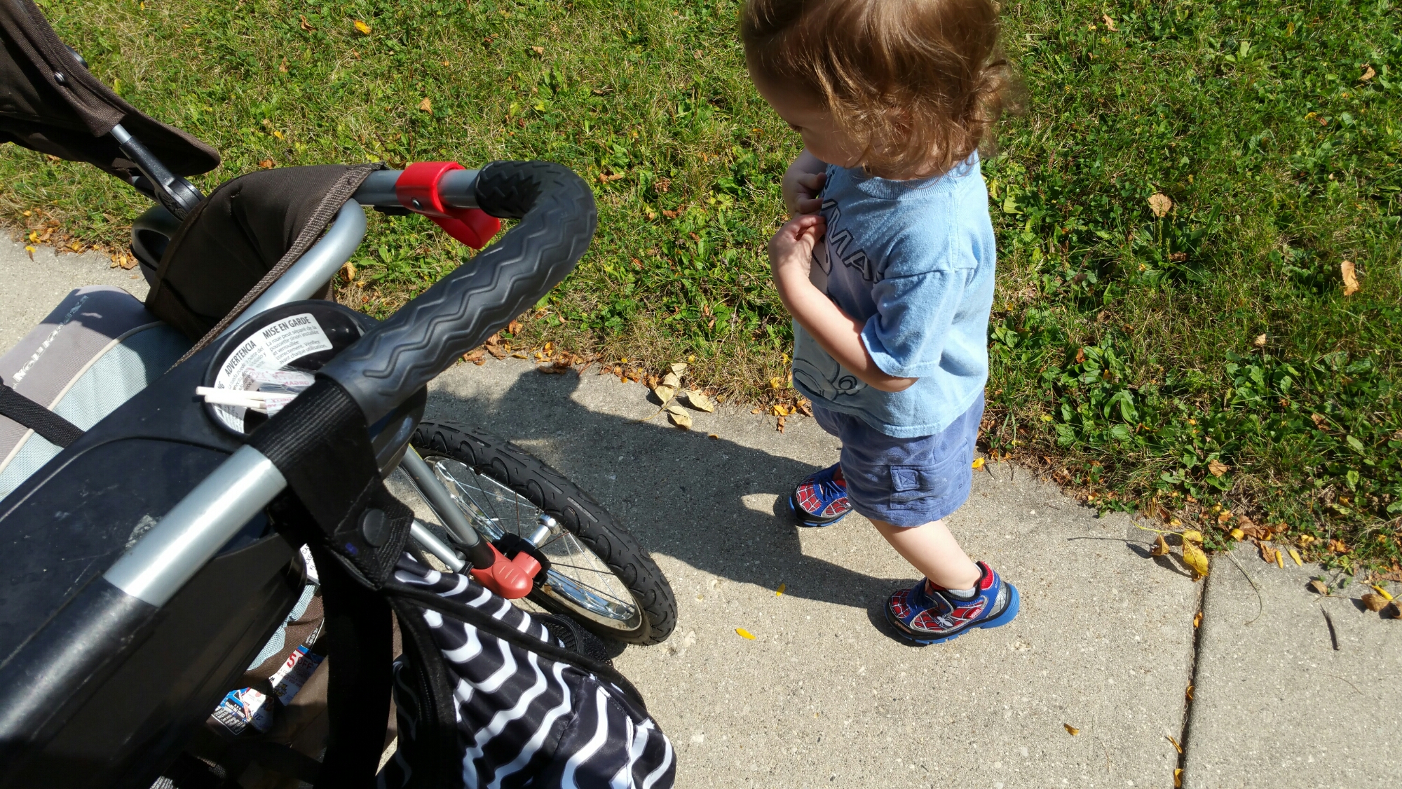 toddler boy walking by stroller