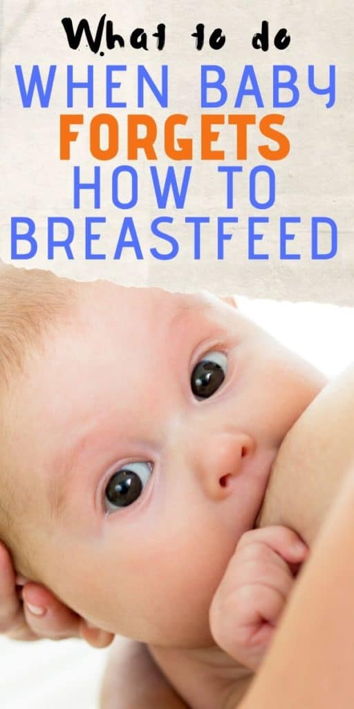 Caucasian baby breastfeeding and looking at camera with text overlay describing blog post.