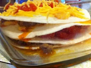 Layered-Taco-Bake Close up of taco bake layers before going in oven.