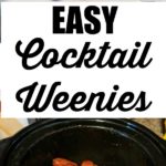 collage of cocktail weenies on plate and cooking in slow cooker with text overlay.