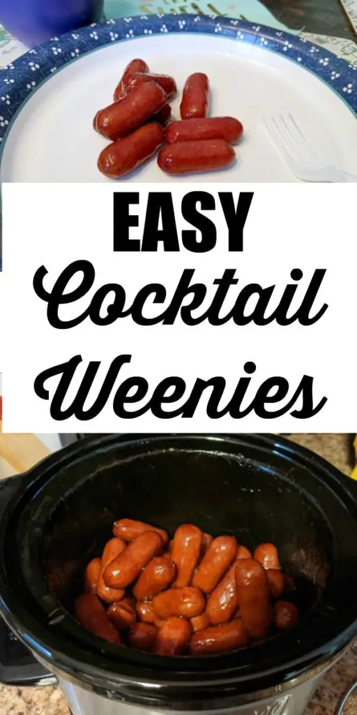 collage of cocktail weenies on plate and cooking in slow cooker with text overlay.