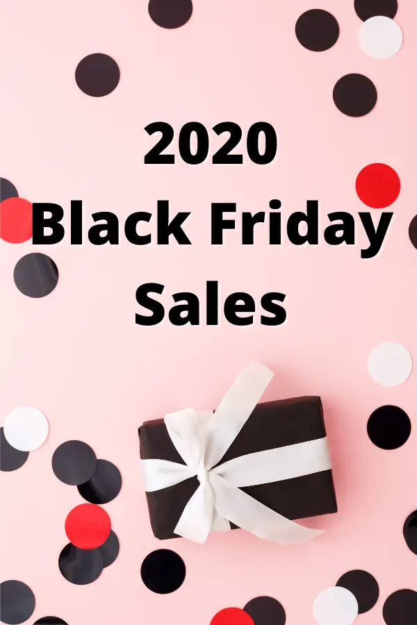 Black text reads 2020 Black Friday Sales on a pink background with a black gift with a white bow and large circle confetti in black, white, and red.