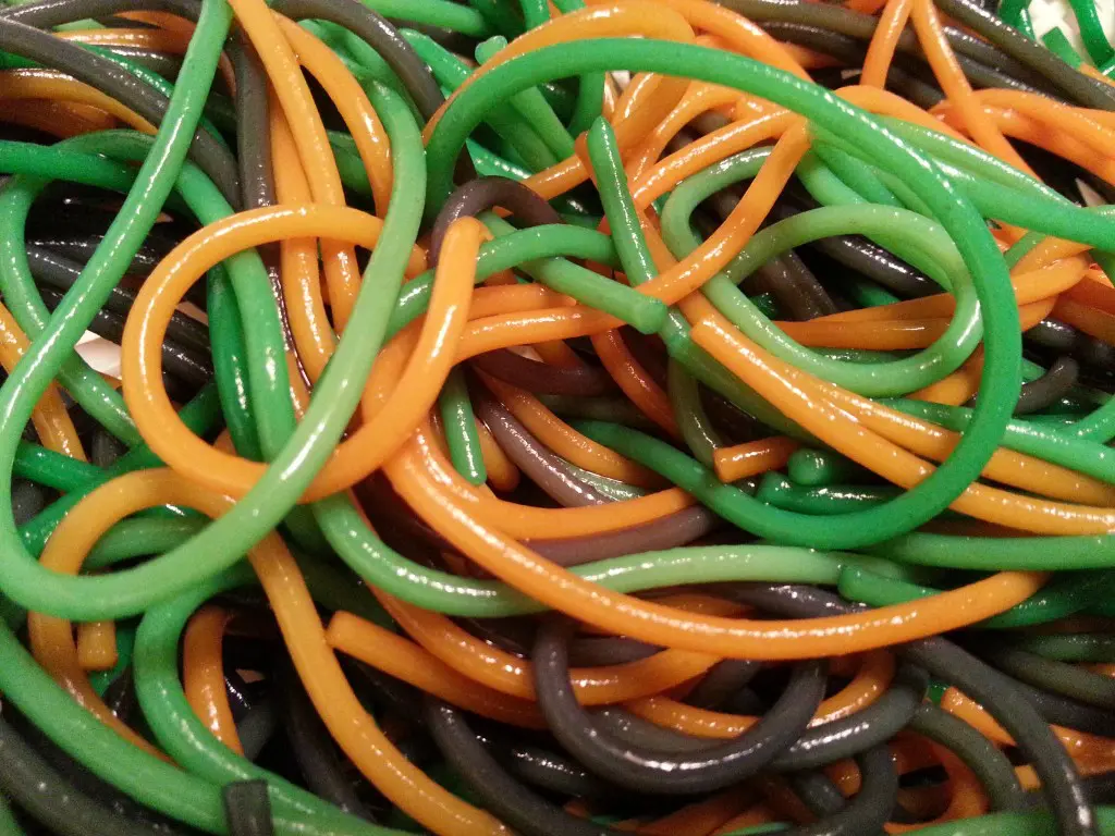 green, orange and purple spaghetti