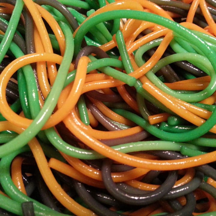 green, orange and purple spaghetti