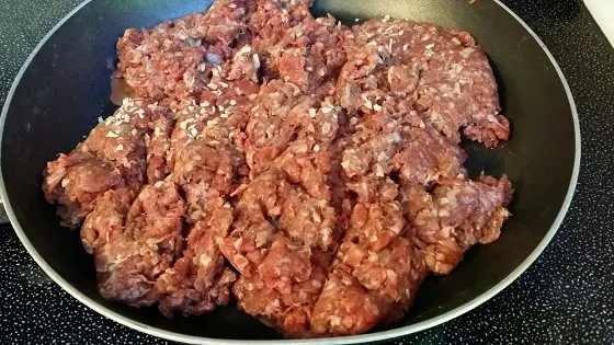 Browning Zaycon Fresh ground beef on stove top.