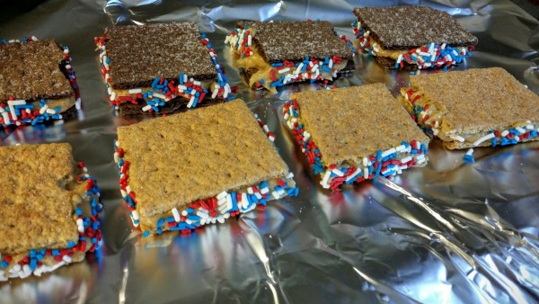 Honey Maid graham cracker sandwiches with sprinkles ready to go in the freezer
