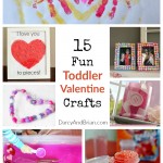 Collage image of several different Valentine themed crafts and activities toddlers can do.