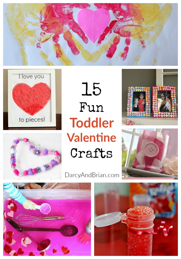 Collage image of several different Valentine themed crafts and activities toddlers can do.