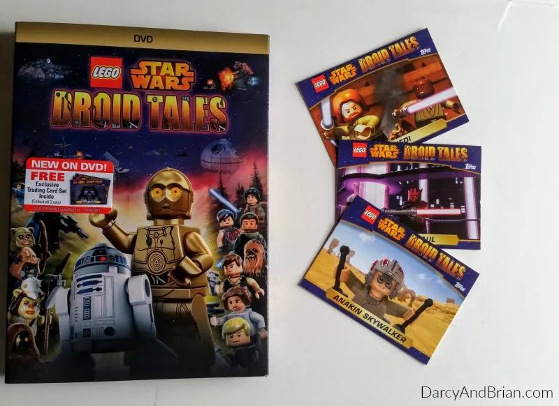 The LEGO Star Wars Droid Tales DVD features five full episodes and comes with trading cards.