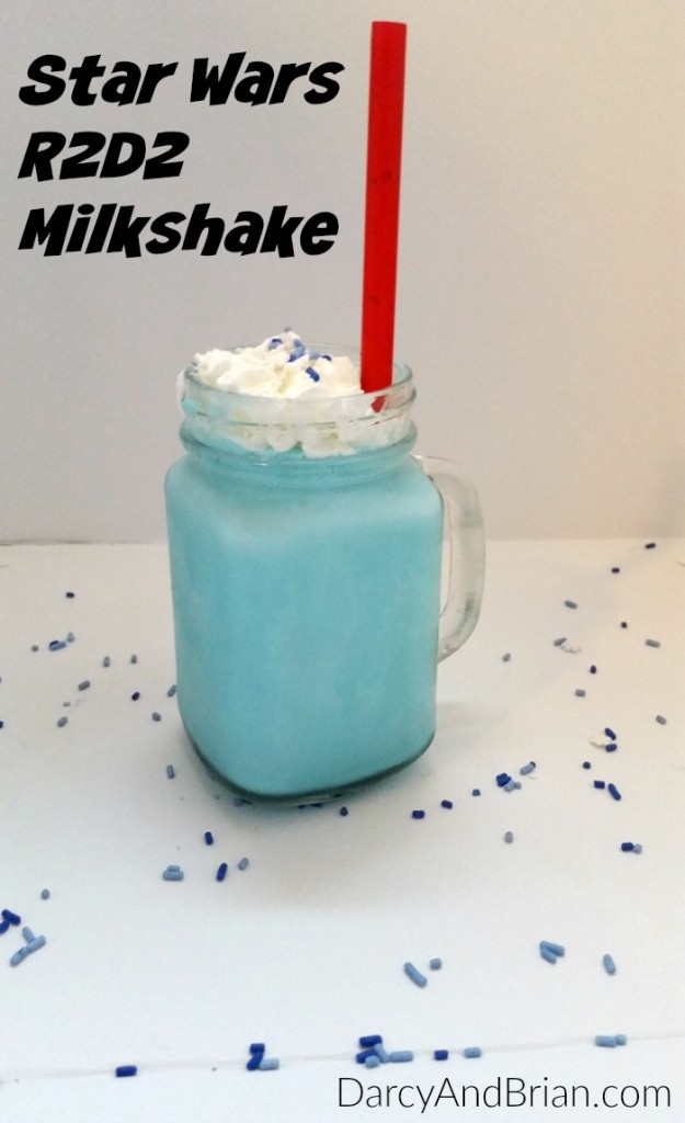 Blend up this Star Wars R2D2 Milkshake recipe. Add red milkshake straws to look like lightsabers for added fun. This Star Wars recipe is perfect for kids birthday parties and movie nights!