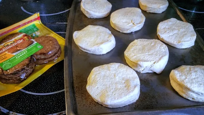 Baking premade biscuits for breakfast.