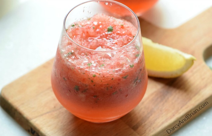 This refreshing frozen strawberry lemonade recipe includes mint.
