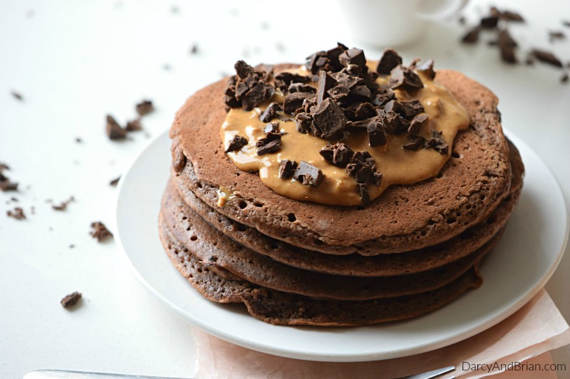 Make breakfast special with delicious chocolate peanut butter pancakes!