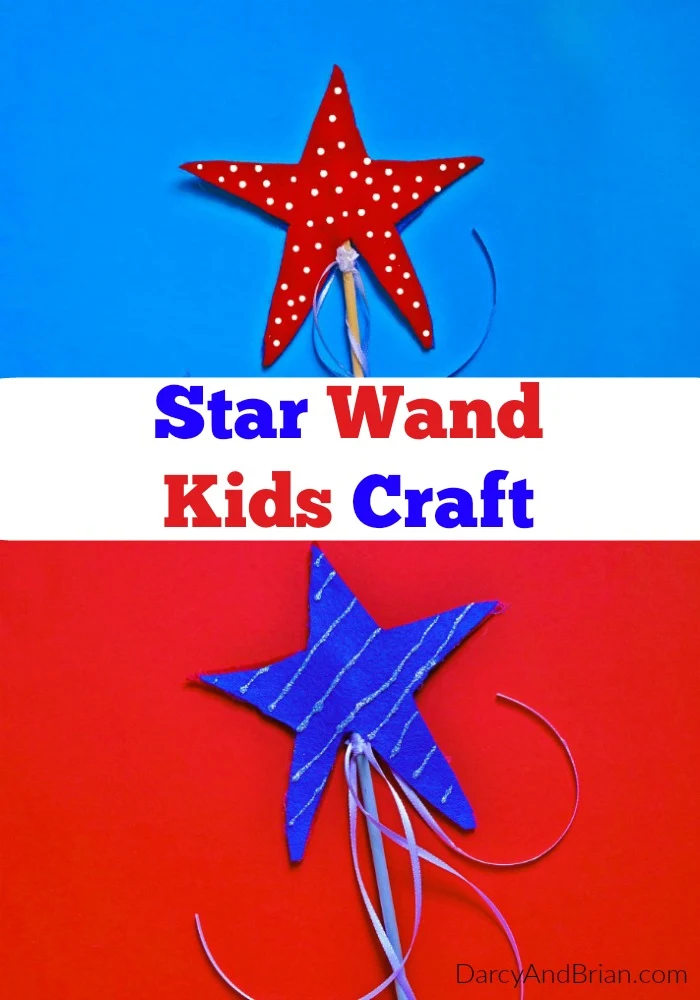Looking for red, white, and blue kids crafts? This double sided star wand works as a patriotic craft for the Fourth of July or Memorial Day. Help the kids make one of these to take along for the parade!