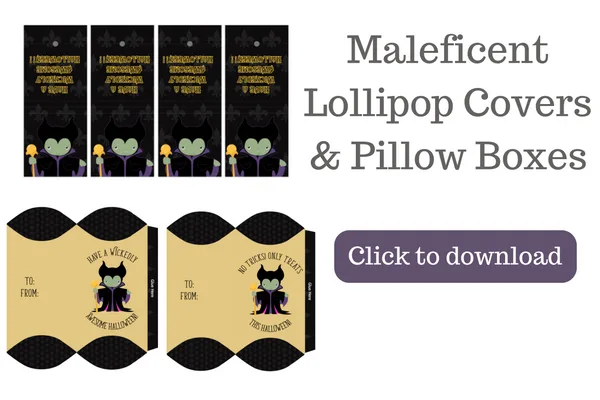 These Maleficent lollipop covers and pillow box printables are perfect for handing out Halloween candy. Need a last minute treat box to hand out for a classroom party? Or want to dress up suckers for a cute party favor? Have a wicked good time with these Maleficent printables!