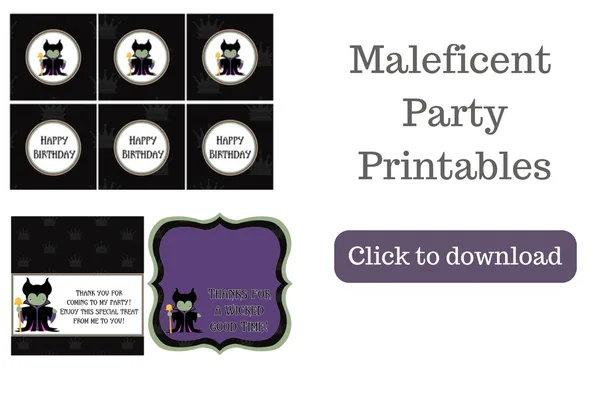 Want to throw a Maleficent themed party? These Maleficent party printables are perfect for a kids birthday party or a Halloween party for kids. This party pack includes invitations, thank you cards, cupcake toppers, water bottle wrappers, treat bag toppers, and more.
