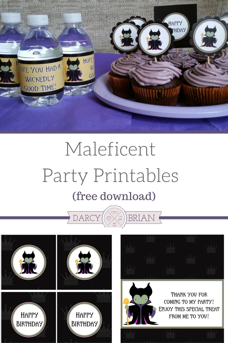 Want to throw a Maleficent themed party? These Maleficent party printables are perfect for a kids birthday party or a Halloween party for kids. This party pack includes invitations, thank you cards, cupcake toppers, water bottle wrappers, treat bag toppers, and more.