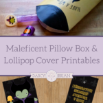 These Maleficent lollipop covers and pillow box printables are perfect for handing out Halloween candy. Need a last minute treat box to hand out for a classroom party? Or want to dress up suckers for a cute party favor? Have a wicked good time with these Maleficent printables!