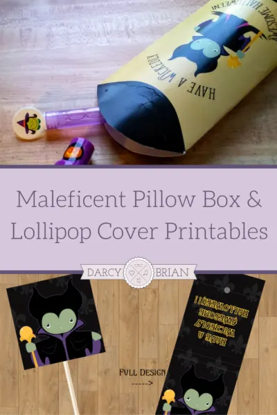 These Maleficent lollipop covers and pillow box printables are perfect for handing out Halloween candy. Need a last minute treat box to hand out for a classroom party? Or want to dress up suckers for a cute party favor? Have a wicked good time with these Maleficent printables!