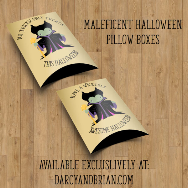 These Maleficent lollipop covers and pillow box printables are perfect for handing out Halloween candy. Need a last minute treat box to hand out for a classroom party? Or want to dress up suckers for a cute party favor? Have a wicked good time with these Maleficent printables!