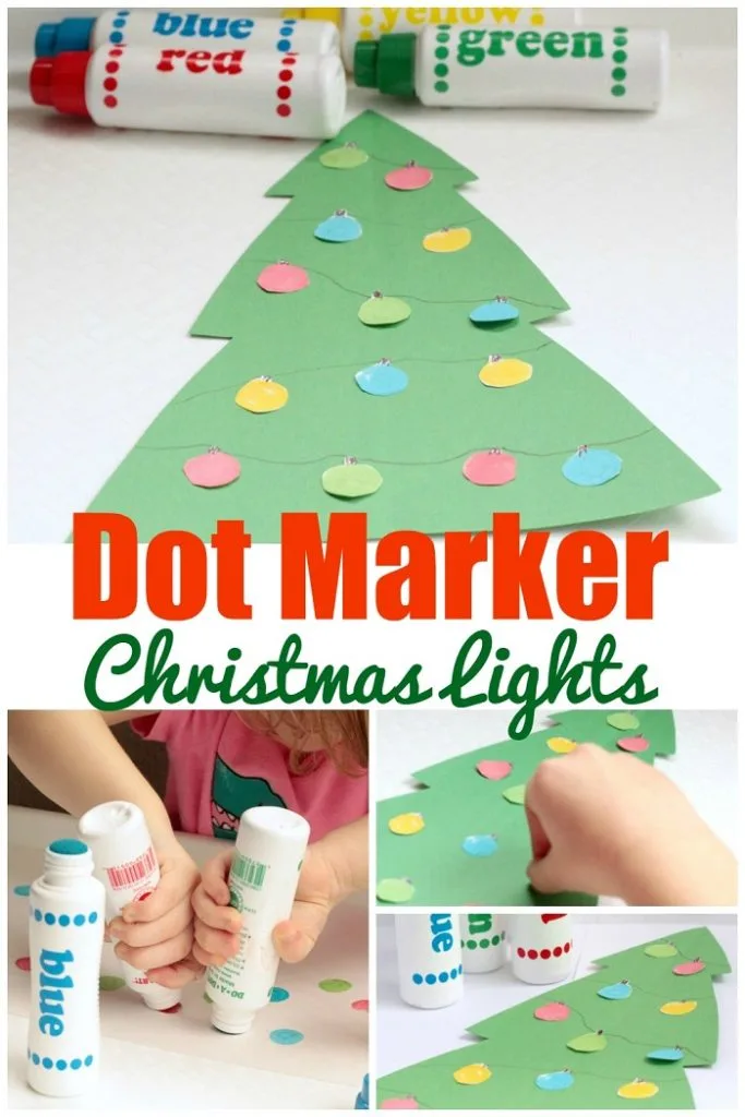Looking for fun and easy Christmas crafts for kids of all ages? Toddlers, preschoolers, and kindergartners will love this step-by-step Dot Marker Christmas Tree Lights craft tutorial. Great classroom activity too!