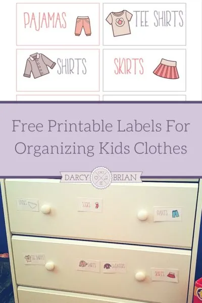 Preview of clothing label printable sheet and white dresser with labels on outside of drawers.