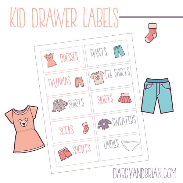 Image preview of printable clothing labels for dresser drawers that feature text and pictures of clothing items.