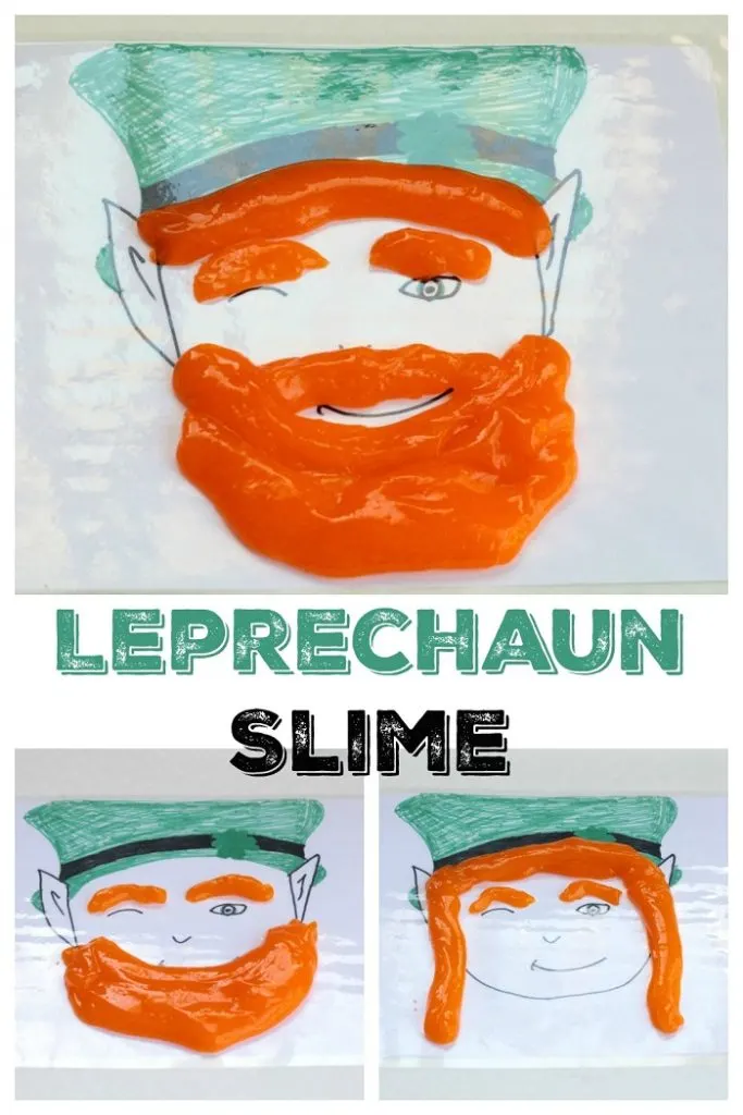 Collage of papers with leprechaun faces with orange slime arranged in different hairstyles and beards.
