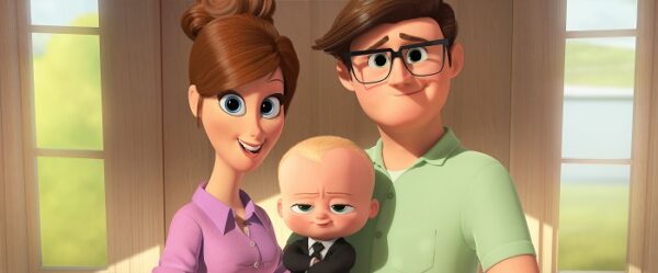 The Boss Baby promotional image - Parents introduce Boss Baby to their son, Tim.