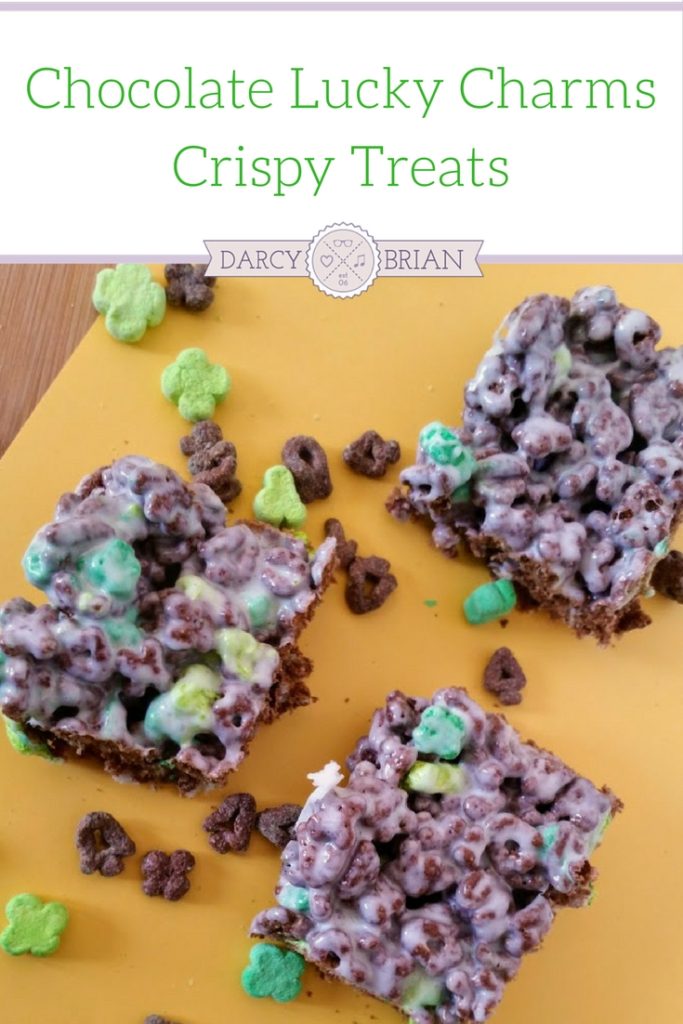 Looking for a fun and easy snack idea? Get the recipe for these Chocolate Lucky Charms Crispy Treats. Cute snack for St. Patrick's Day too.