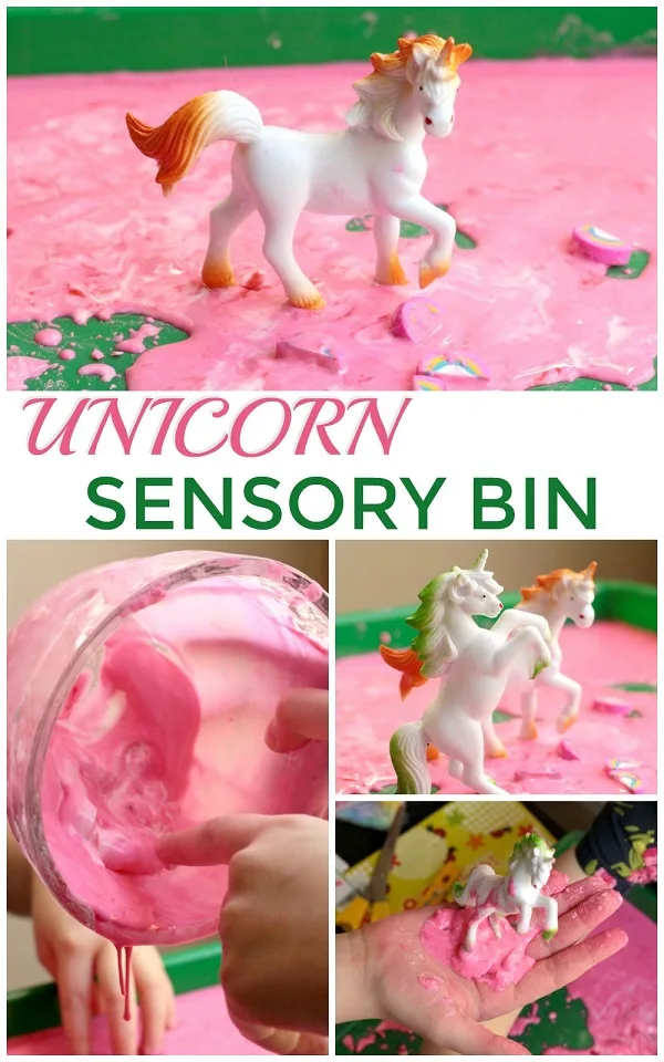 Looking for a fun learning activity for kids? Engage their senses with this magical unicorn sensory bin plus oobleck recipe. Great science experiment for preschool and kindergarten children!