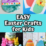 Four different easy craft projects for Easter: coffee filter Easter egg, puffy paint chicks, Peeps playdough, and felt Easter eggs.