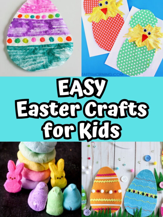 Four different easy craft projects for Easter: coffee filter Easter egg, puffy paint chicks, Peeps playdough, and felt Easter eggs.