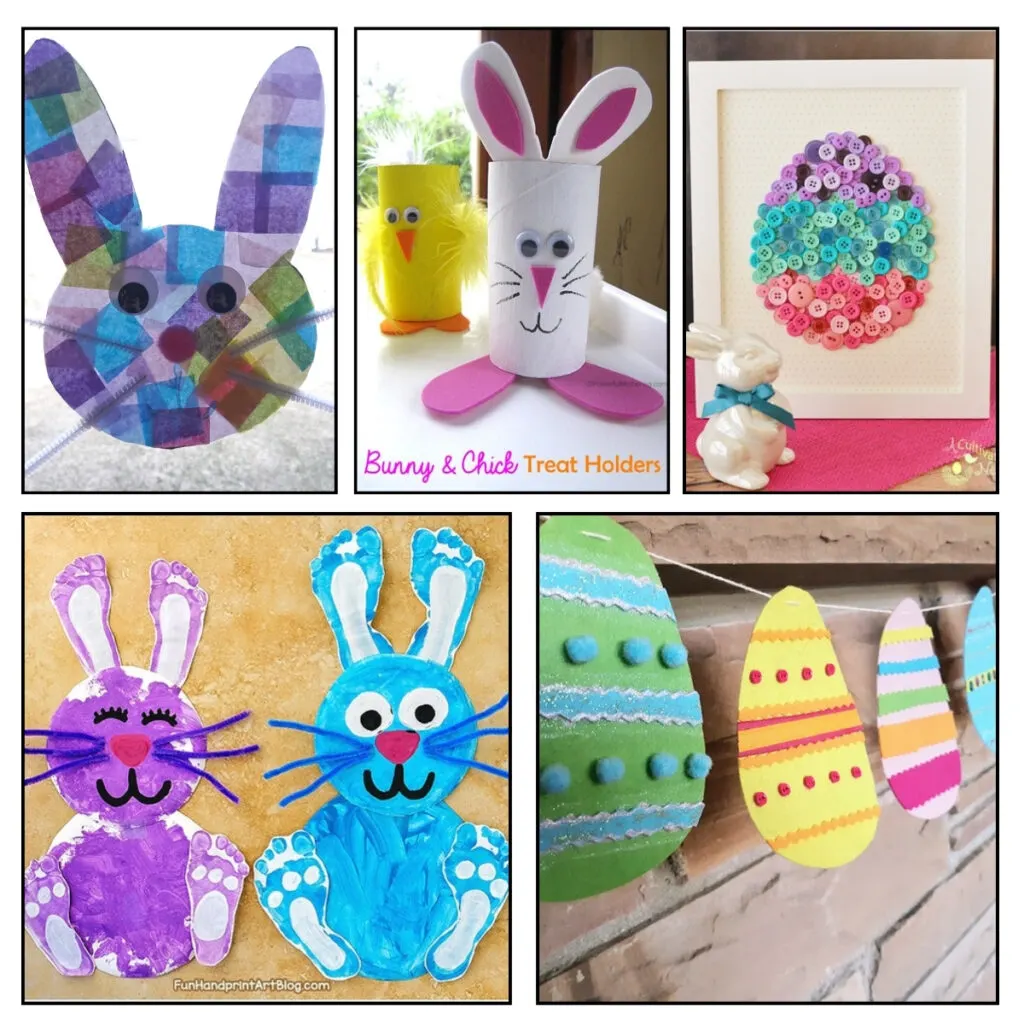 Collage of five different crafts featuring bunnies and eggs perfect for Easter.