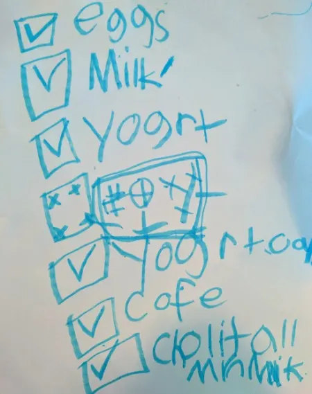 Grocery shopping list written by a child.