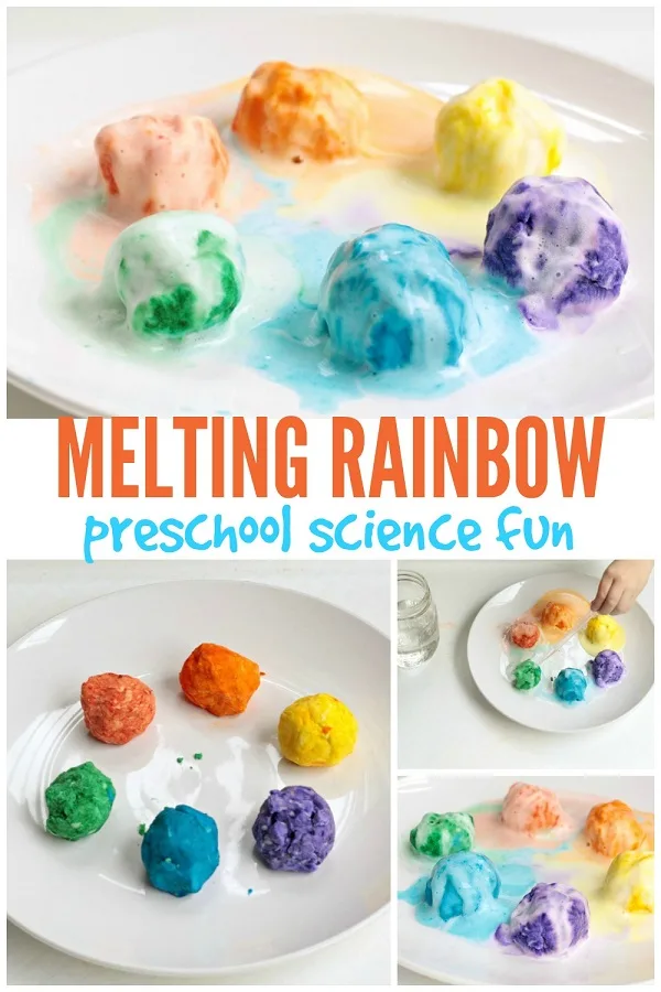 Love this easy science experiment idea for kids! Melting rainbows is a simple science activity that uses common household ingredients and is quick and easy to set up. It's perfect the perfect project for preschool and kindergarten children!