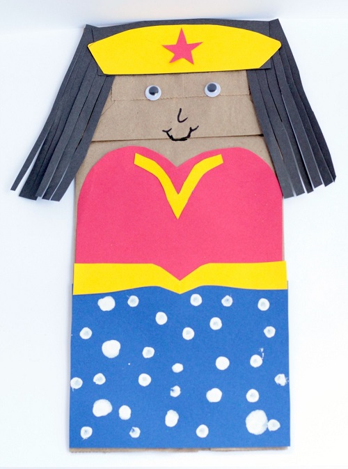 Finished paper bag Wonder Woman craft.