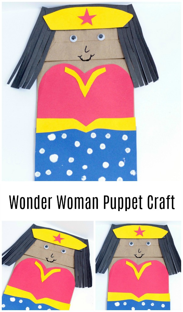 Collage of completed Wonder Woman paper bag puppets.