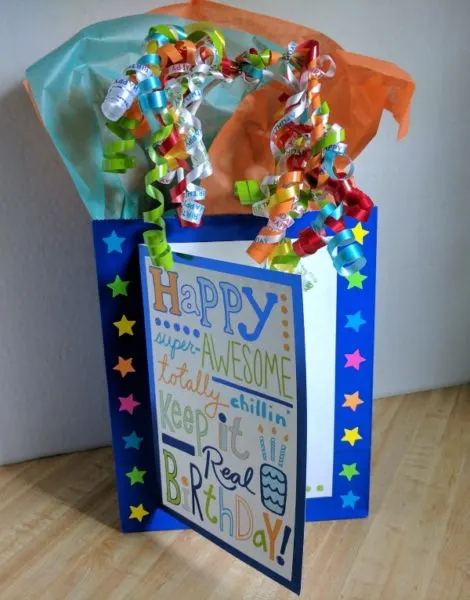 Bright and colorful decorated gift bag #BirthdaysMadeBrighter #CollectiveBias #Shop