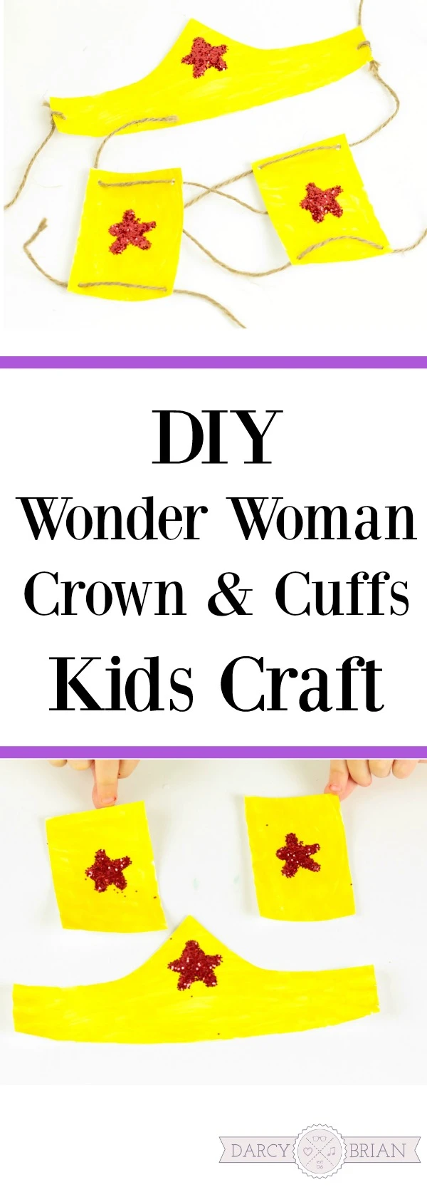 Super fun kids craft! Make your own DIY Wonder Woman Crown and Cuffs using this simple to follow paper plate craft tutorial! This easy Costume idea is perfect for dress up and pretend play, a superhero birthday party, or even Halloween!