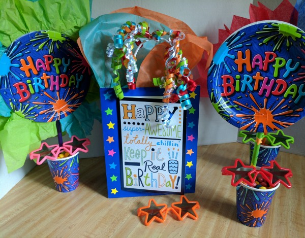 Bright and colorful birthday gift bag and part decor