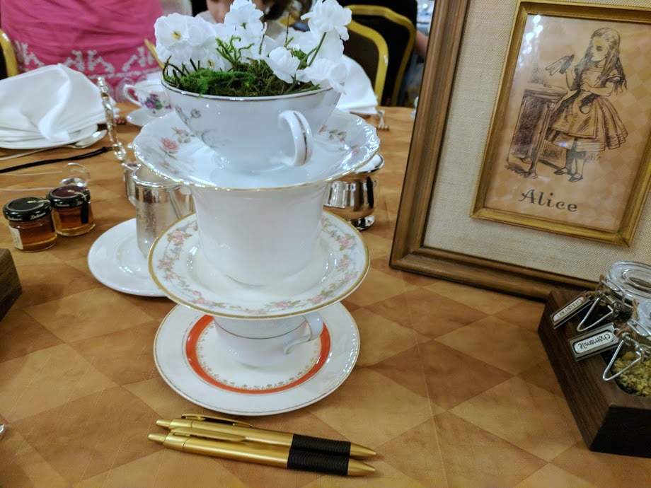 Tea cup tower on the Alice table at the Mad Hatter Tea Party Event