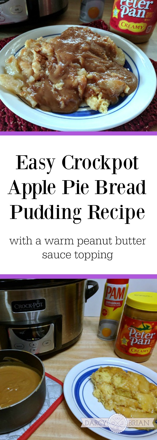 This is so good and so easy to make! Enjoy fall with this easy and delicious Crockpot Apple Pie Bread Pudding Recipe with a warm peanut butter sauce. The perfect fall slow cooker dessert! {AD} #RecipesThatCrock #SeasonalSolutions #CollectiveBias #crockpot #slowcooker #applerecipes #falldesserts #fallbreakfast