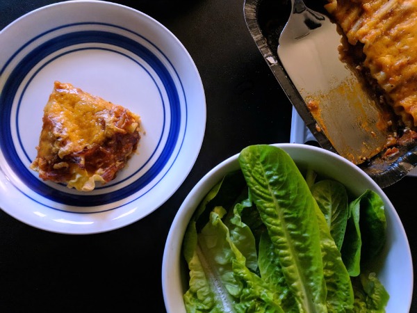 Simple dinner solution with On-Cor Lasagna and salad.