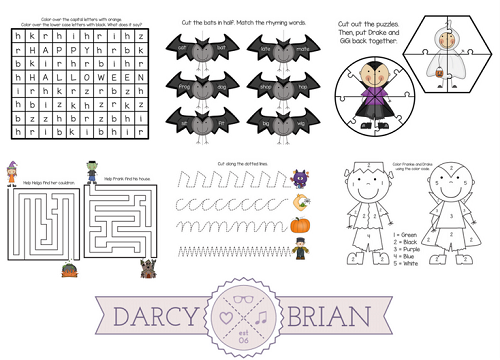 Preview images of several pages from the Halloween themed printable pack of activity pages.