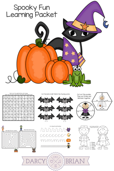 Looking for fun Halloween learning activities for kids? Check out this free printable packet of spooky fun coloring, cutting, counting, mazes, and more! Perfect for preschool through first grade.