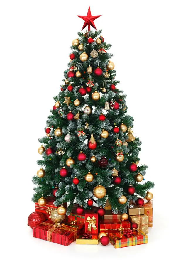 Artificial Christmas tree decorated with red and gold ornaments and presents underneath.