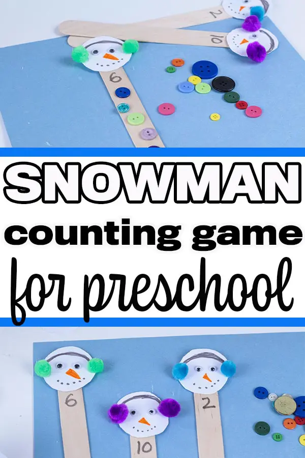 Popsicle sticks decorated with snowman heads laying on blue paper next to assorted buttons.
