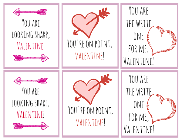 Printable valentine cards with pencil sayings for kids.