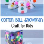 Image collage of craft supplies and completed snowmen made out of cotton balls.